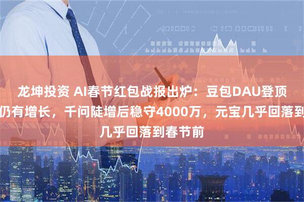 龙坤投资 AI春节红包战报出炉：豆包DAU登顶后回落仍有增长，千问陡增后稳守4000万，元宝几乎回落到春节前